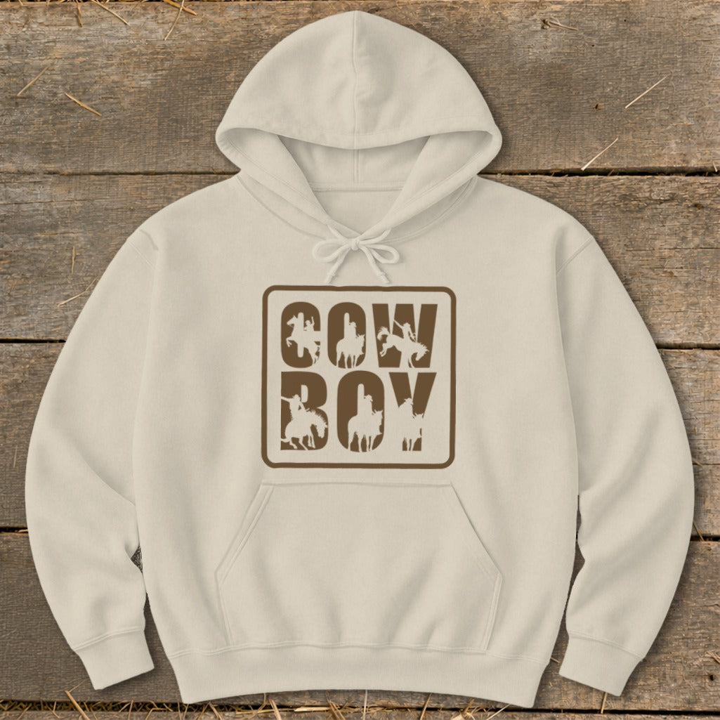 Cream hoodie with brown "COW BOY" text and cowboy silhouette graphics.