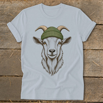 Light blue t-shirt with a drawing of a goat wearing a green beanie.