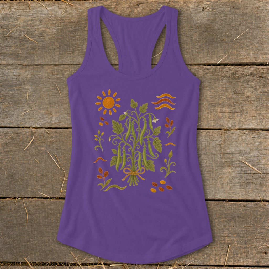 Purple tank top with a central pea plant design and surrounding garden elements.