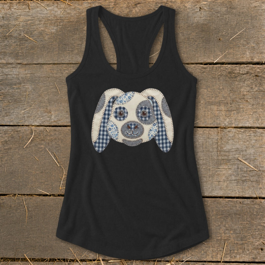 Black tank top with a quilted dog face applique on the front.