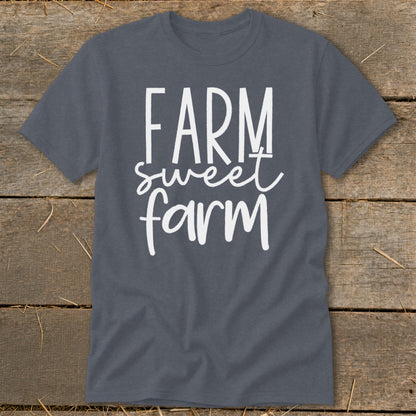 Dark gray t-shirt with white text reading "FARM sweet farm".