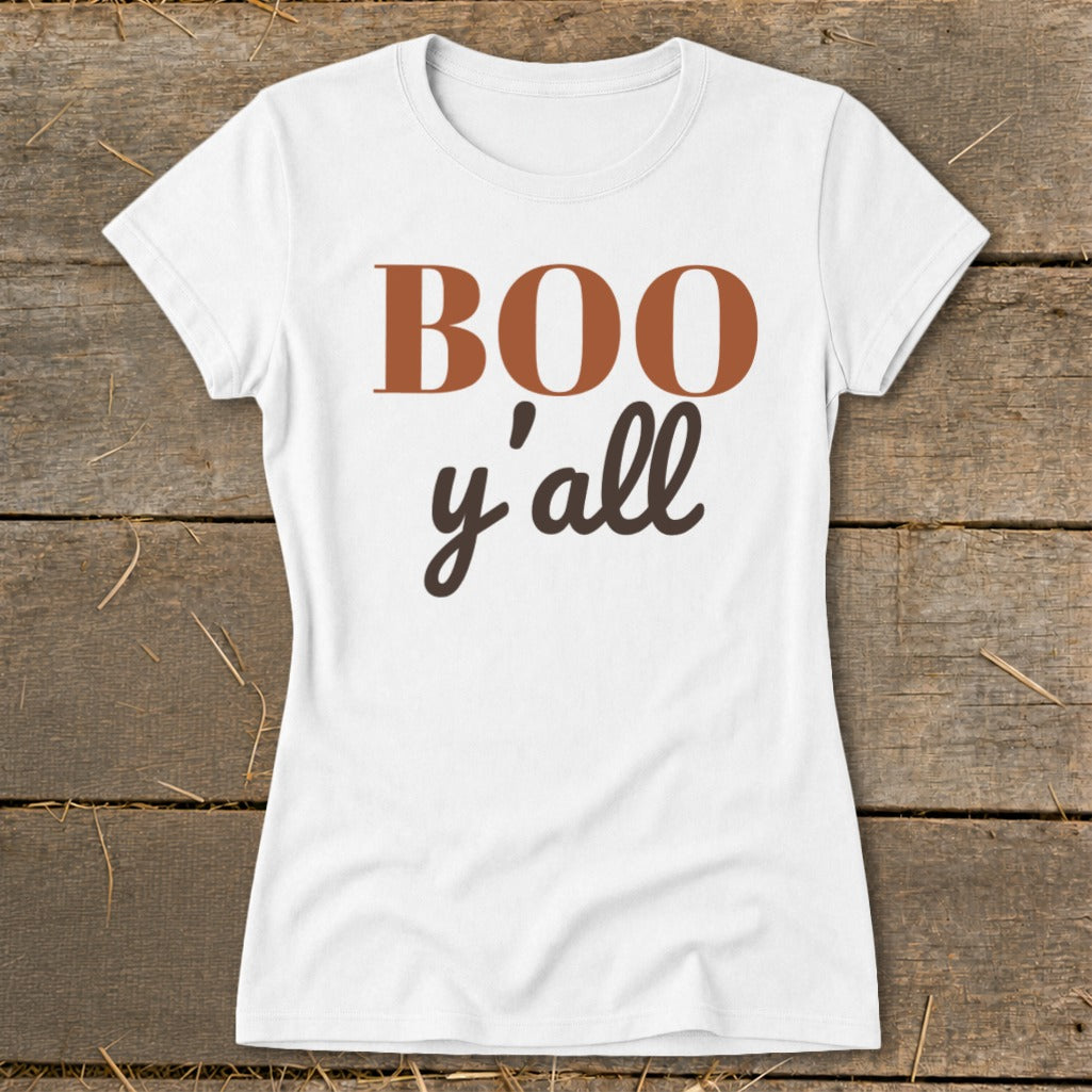 White t-shirt with "Boo y'all" text in brown and orange.