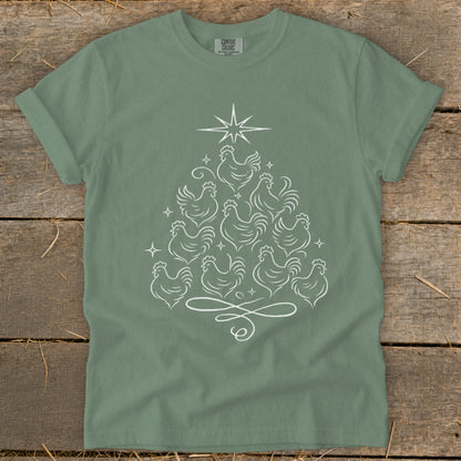 Green t-shirt with a white chicken Christmas tree graphic and star.