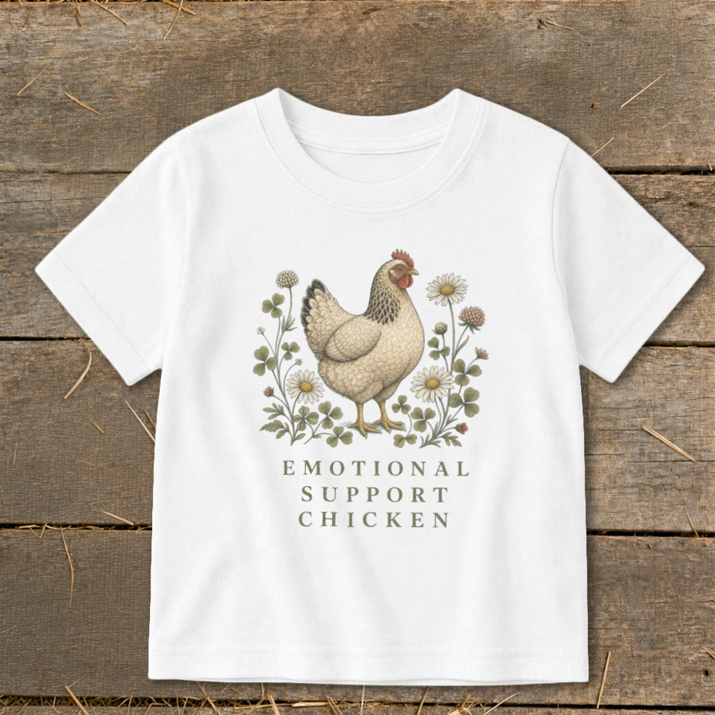 White t-shirt with chicken and flowers design and "Emotional Support Chicken" text.