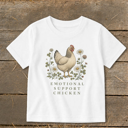 White t-shirt with chicken and flowers design and "Emotional Support Chicken" text.
