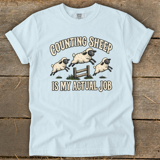 Light blue t-shirt with cartoon sheep jumping over a fence, text reads "Counting Sheep Is My Actual Job".