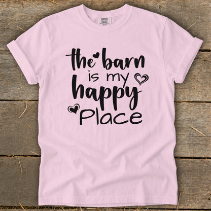 Pink t-shirt with black text "the barn is my happy place" and hearts.