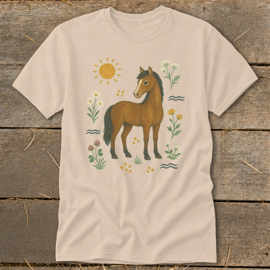 Tan t-shirt with a brown horse, sun, and floral graphic.