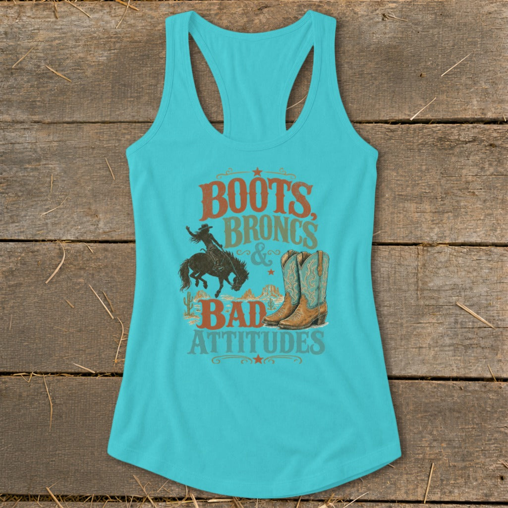 Turquoise tank top with "Boots, Broncs & Bad Attitudes" graphic and cowboy imagery.