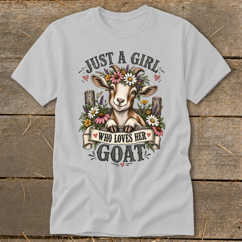 Light grey t-shirt with a goat wearing a flower crown and text "Just a girl who loves her goat".