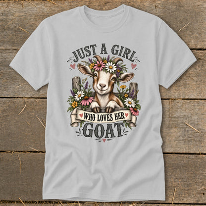 Light grey t-shirt with a goat wearing a flower crown and text "Just a girl who loves her goat".