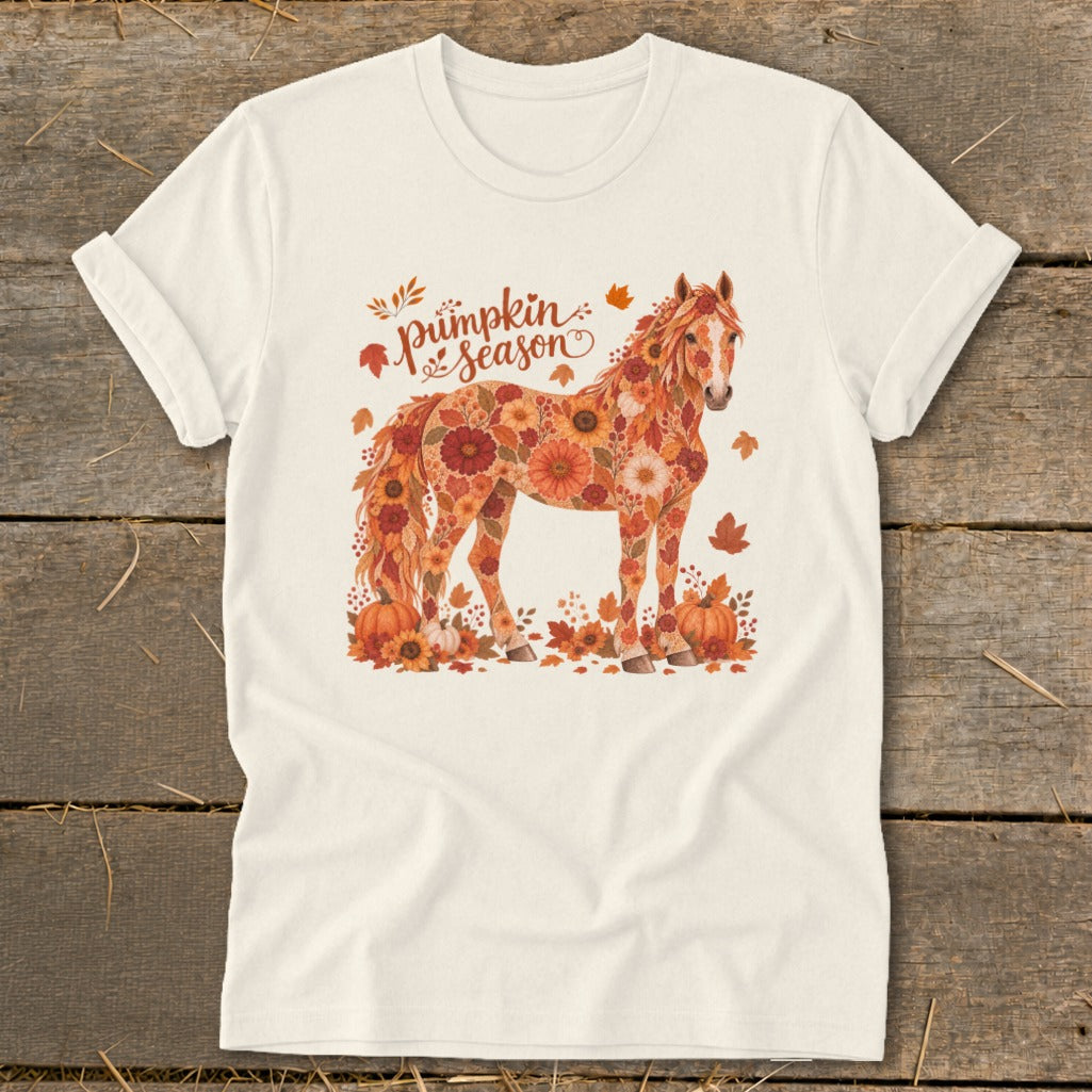 Cream t-shirt with a horse graphic made of autumn flowers and pumpkins, text reads "Pumpkin Season".