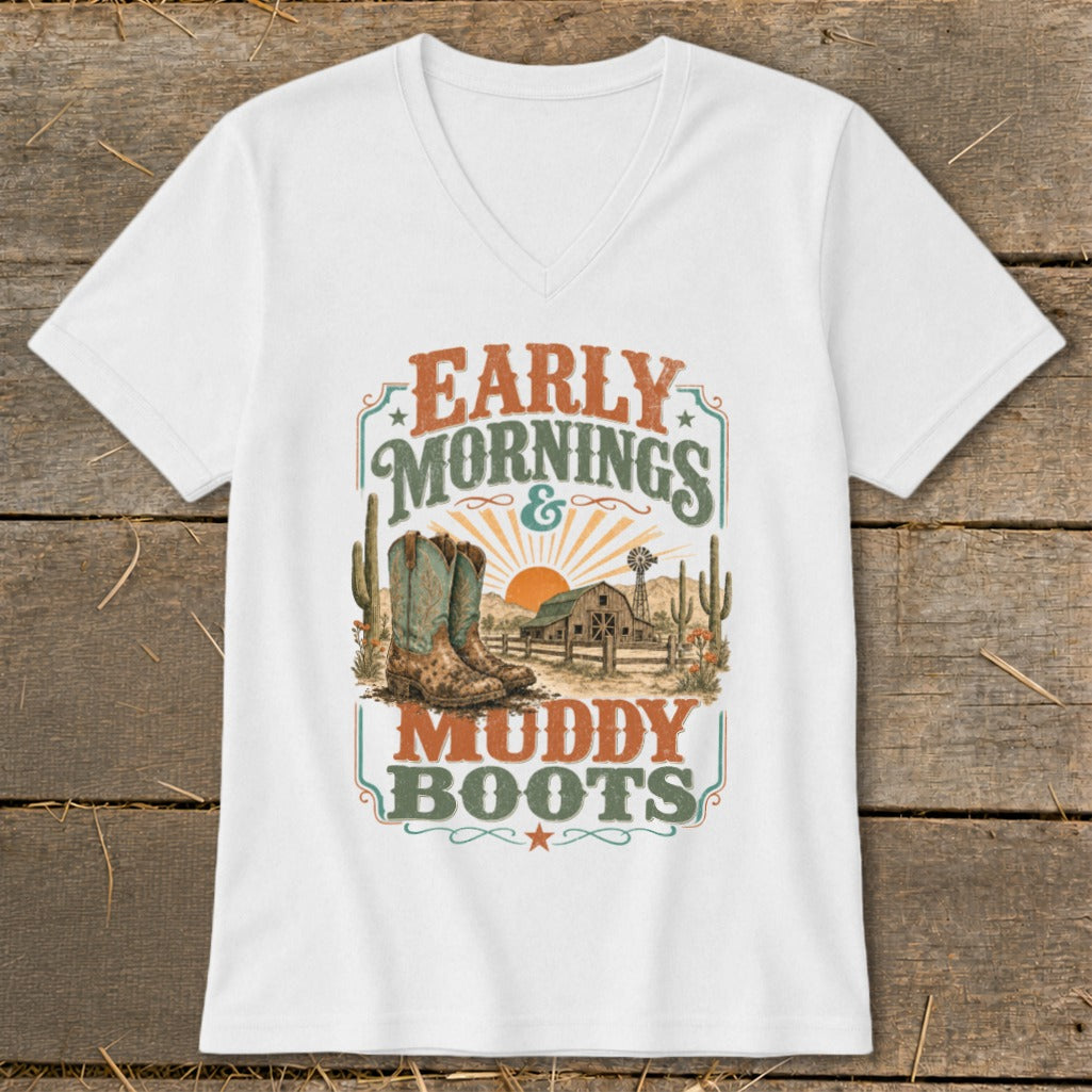 White t-shirt with "Early Mornings & Muddy Boots" graphic featuring cowboy boots and barn.