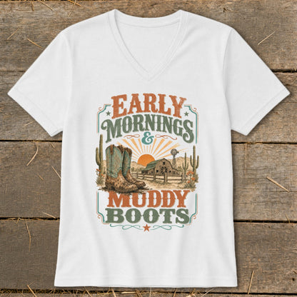 White t-shirt with "Early Mornings & Muddy Boots" graphic featuring cowboy boots and barn.