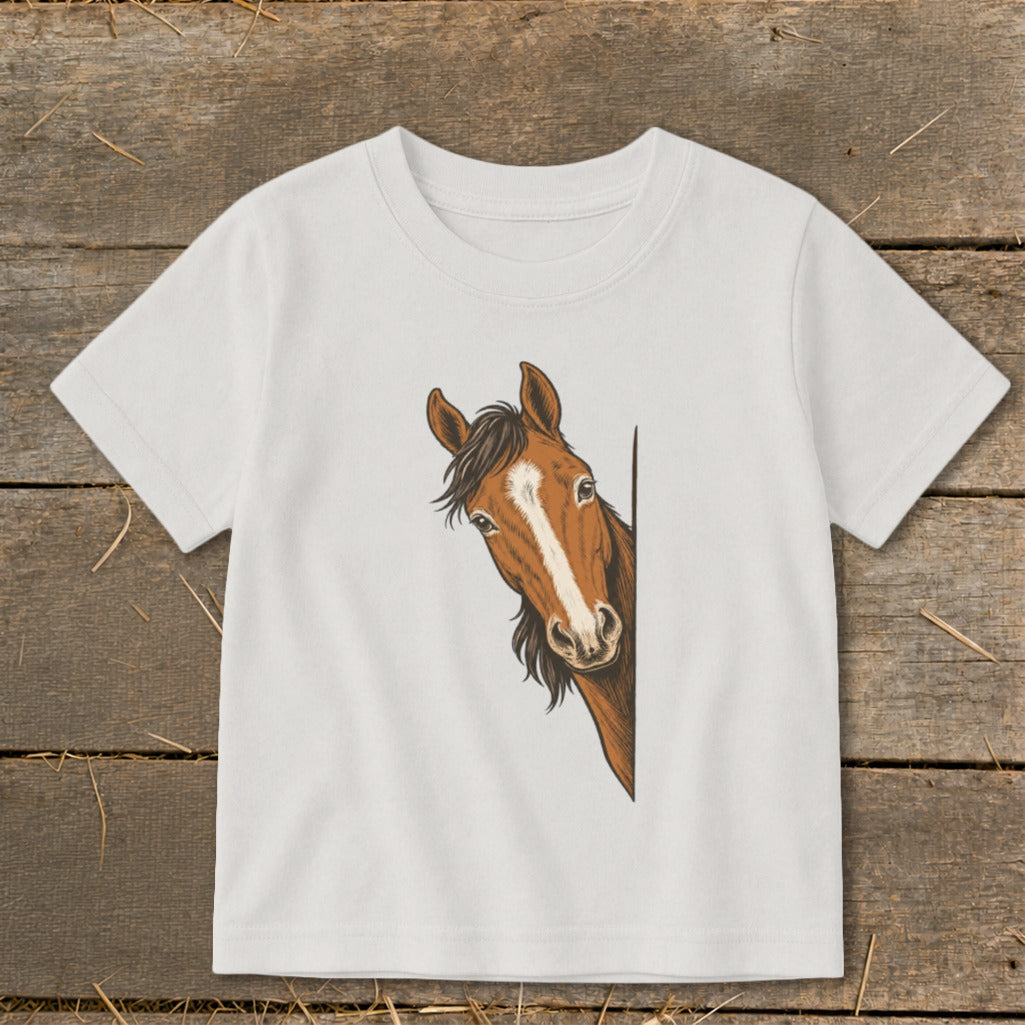 White t-shirt with a brown horse illustration peeking around the side.