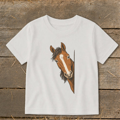 White t-shirt with a brown horse illustration peeking around the side.