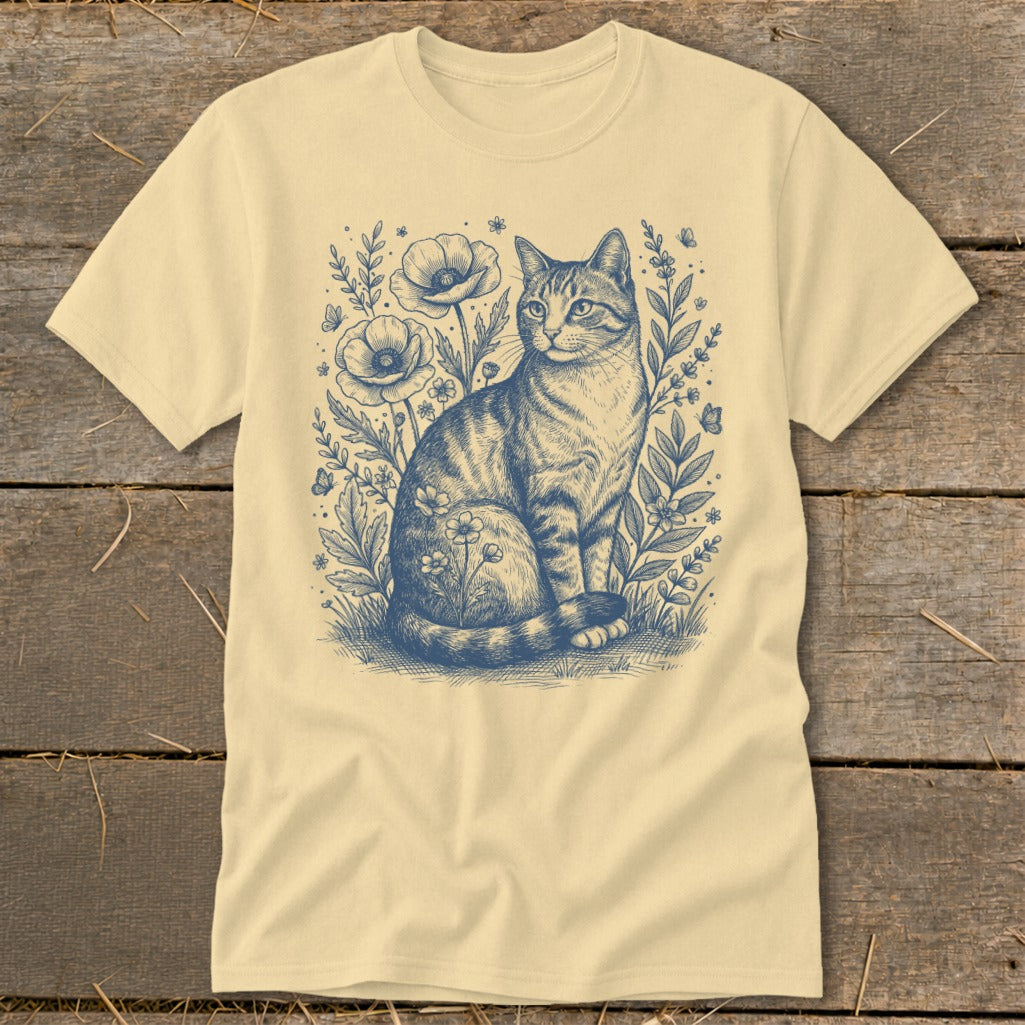 T-shirt with blue sketch of tabby cat sitting among poppies and foliage.