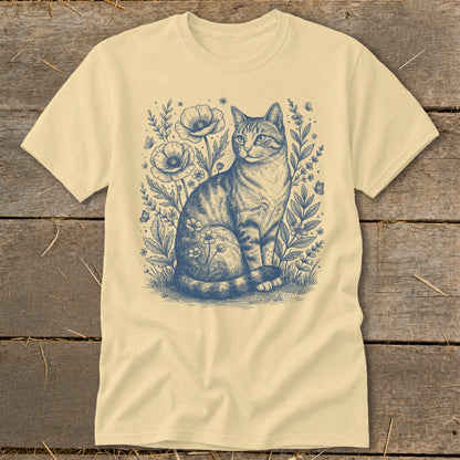 T-shirt with blue sketch of tabby cat sitting among poppies and foliage.