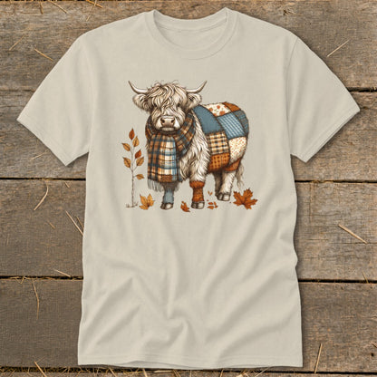 Highland cow with patchwork body and plaid scarf on tan t-shirt.