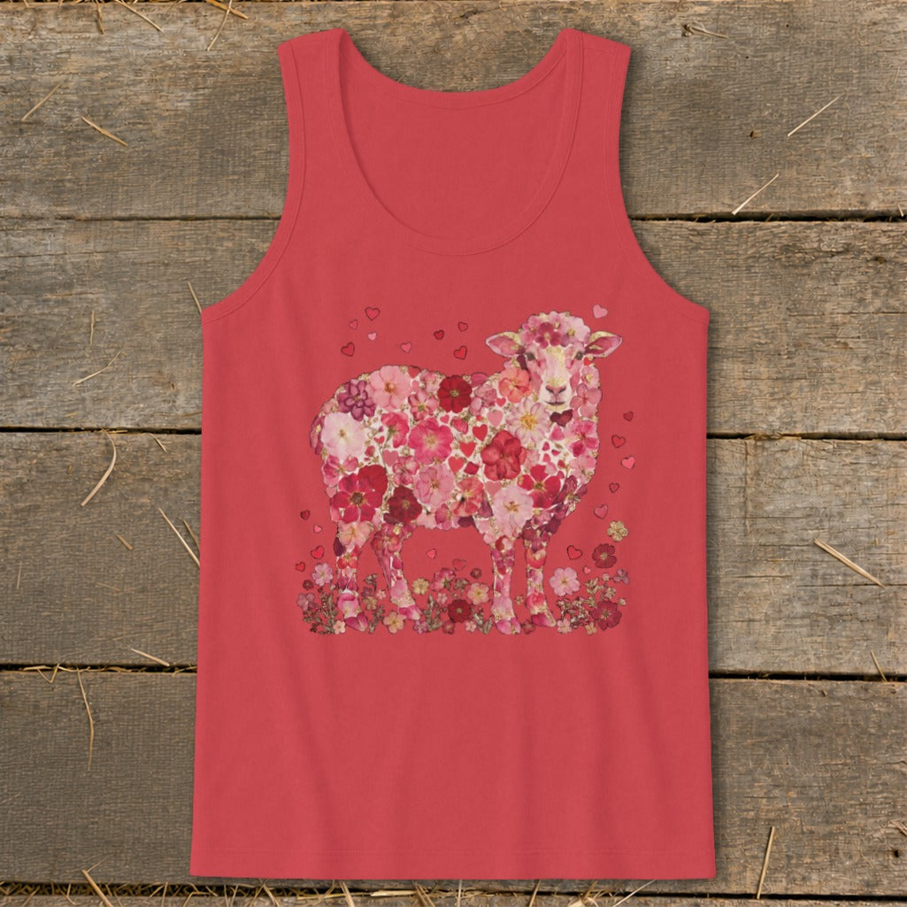 Red tank top with a floral sheep graphic and scattered hearts.