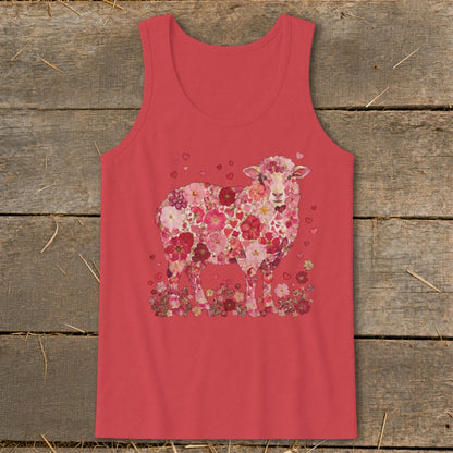 Red tank top with a floral sheep graphic and scattered hearts.