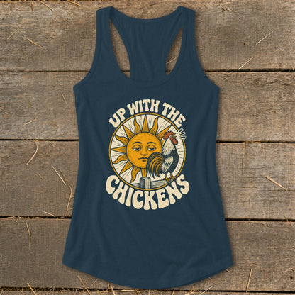 Dark blue racerback tank top featuring a graphic of a rooster, a smiling sun, and the text Up With The Chickens.
