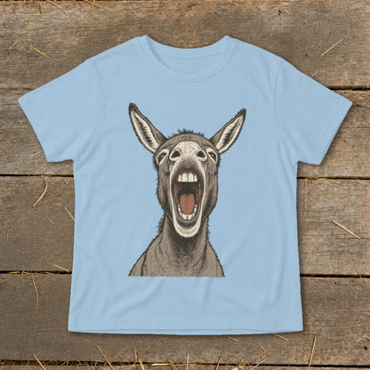 Light blue t-shirt with a drawing of a donkey's open-mouthed head.
