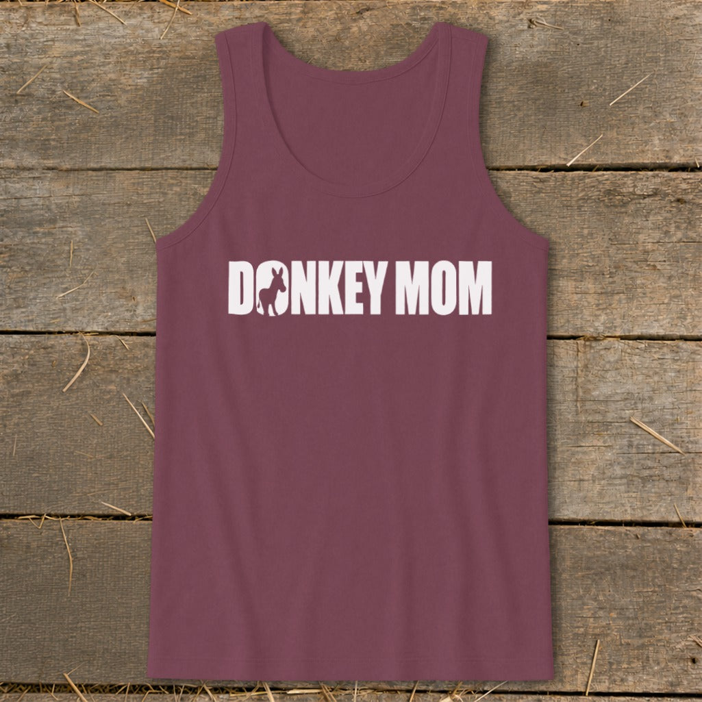 Maroon tank top featuring the white text DONKEY MOM with a donkey silhouette inside the letter O.