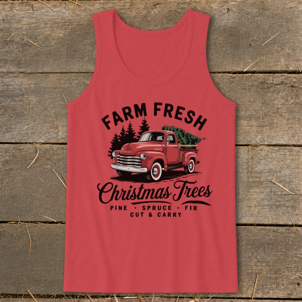 Red tank top with "Farm Fresh Christmas Trees" text and vintage truck graphic.
