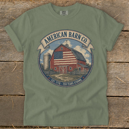 American Barn Co. logo with barn, silo, and American flag, est. 1776.