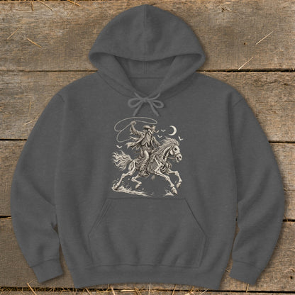 Skeleton cowboy on horseback with lasso under a crescent moon graphic on a dark gray hoodie.