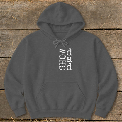 Dark grey hoodie with vertical "SHOW & Q&A" white text on the chest.