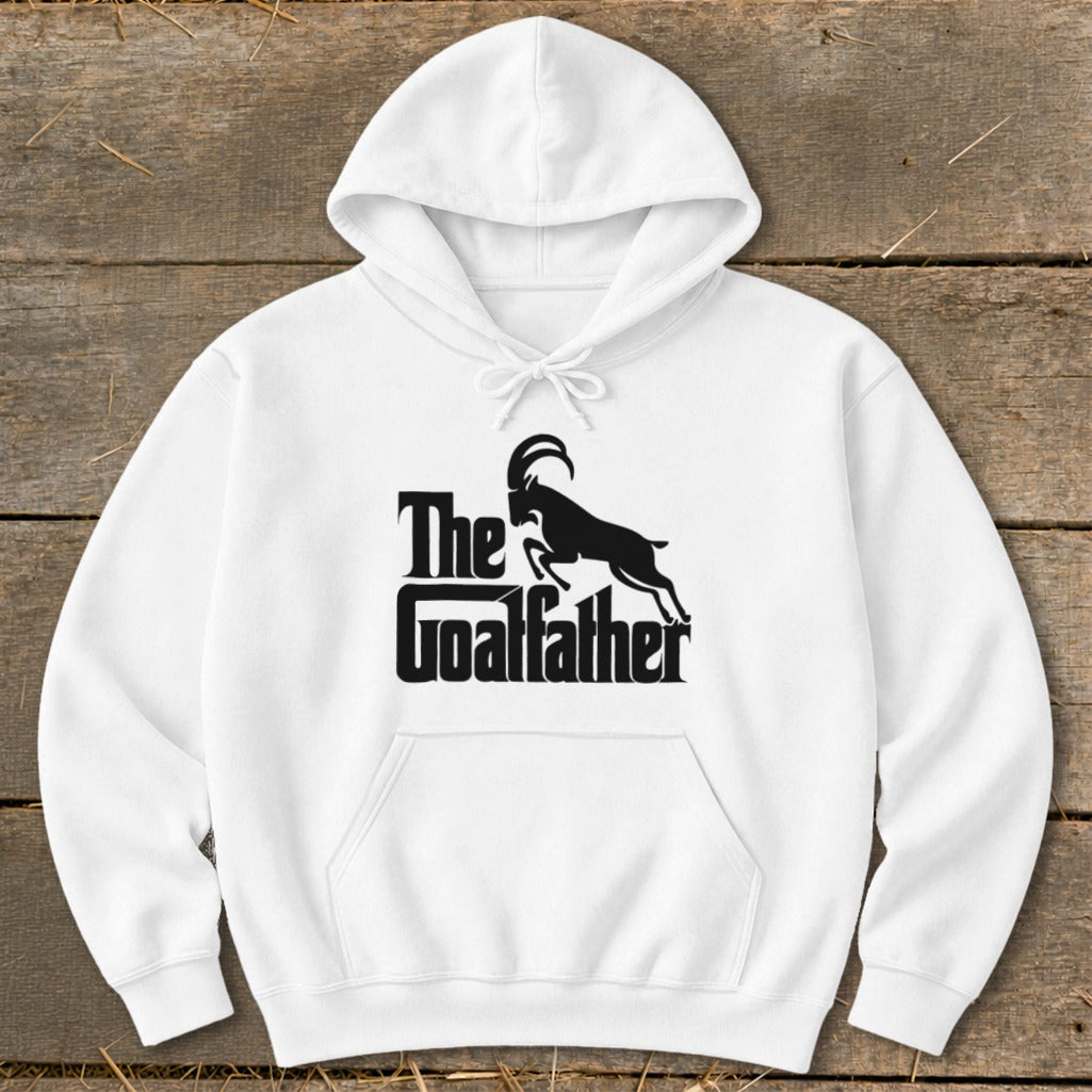 White hoodie with a black "The Goalfather" goat graphic on the chest.