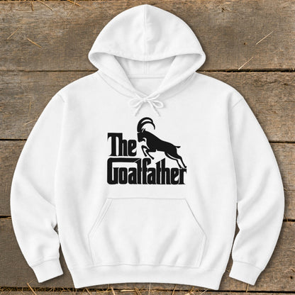White hoodie with a black "The Goalfather" goat graphic on the chest.