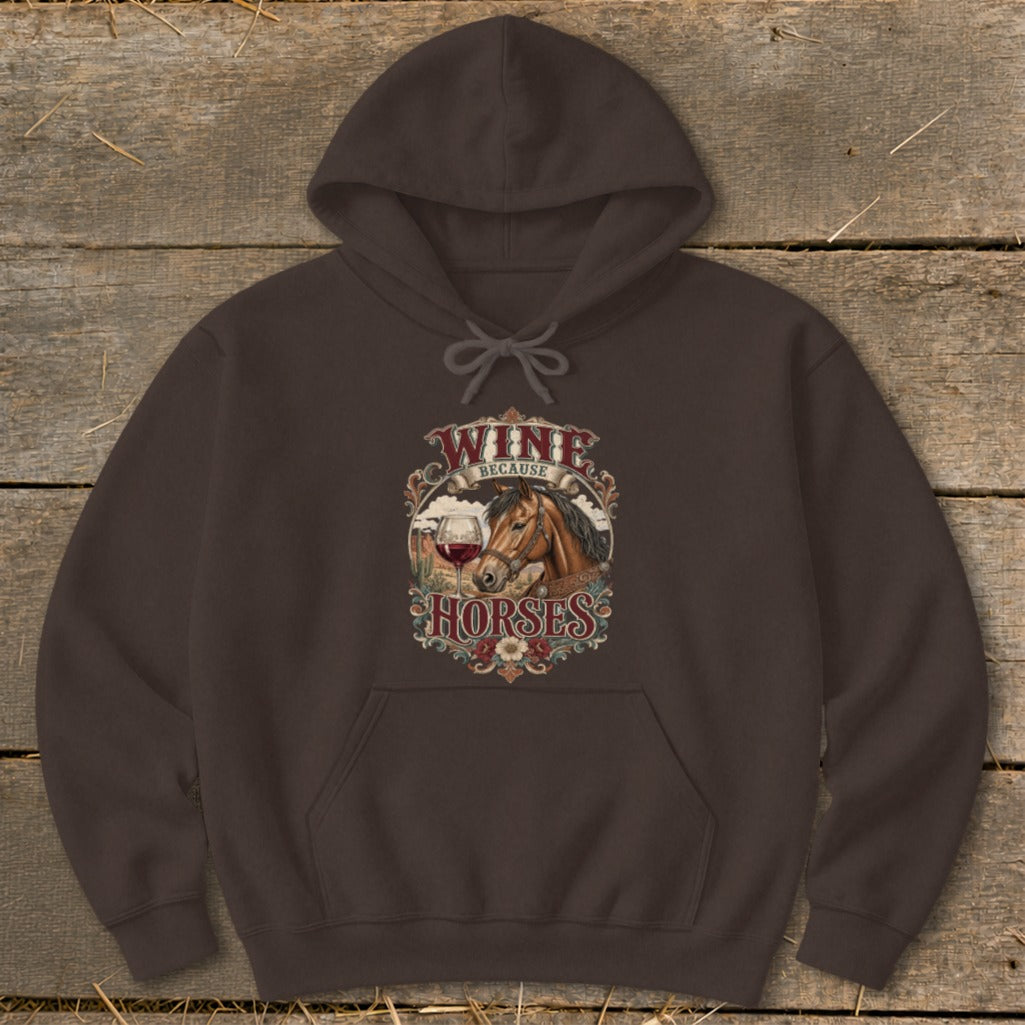 Brown hoodie with "Wine Because Horses" graphic featuring a horse and wine glass.