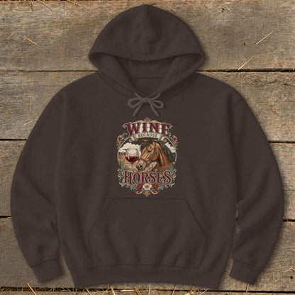 Brown hoodie with "Wine Because Horses" graphic featuring a horse and wine glass.