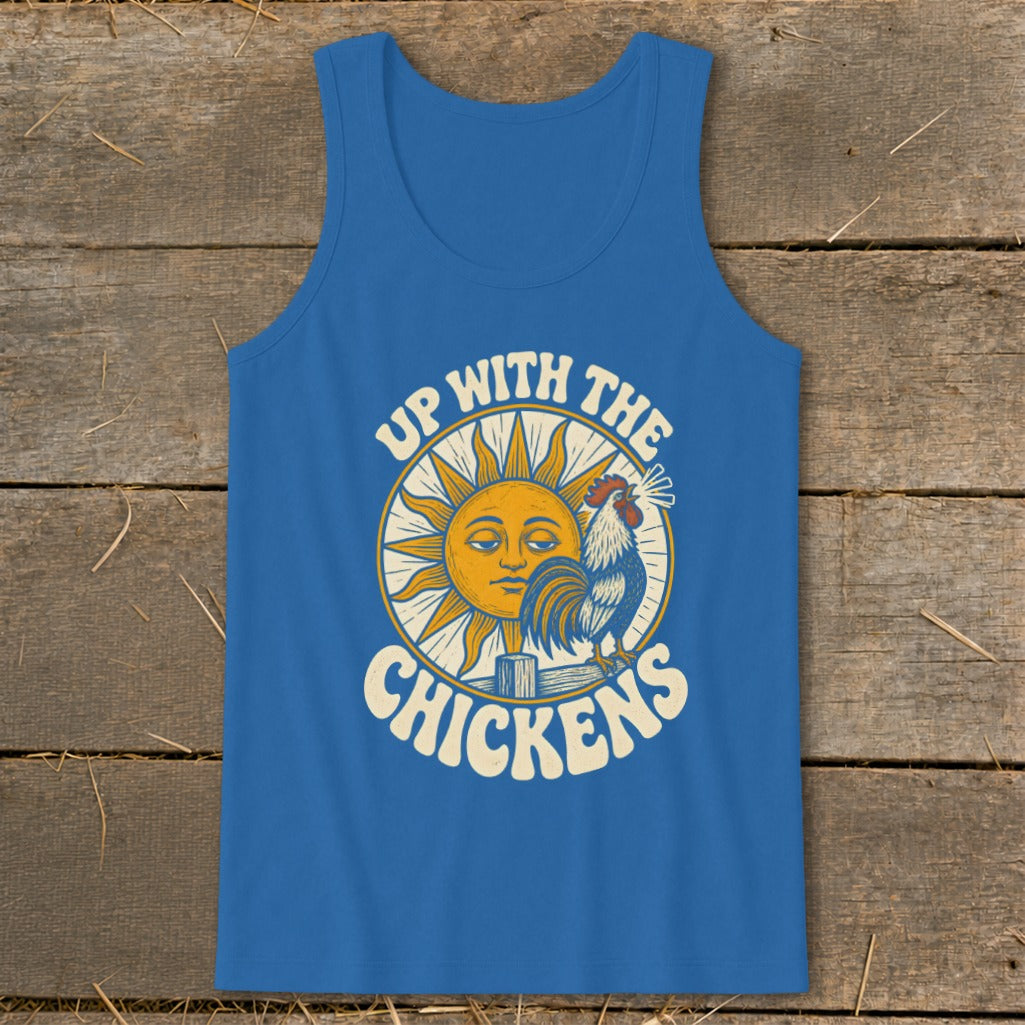 Blue tank top featuring a graphic of a rooster, a sun, and the text Up With The Chickens.
