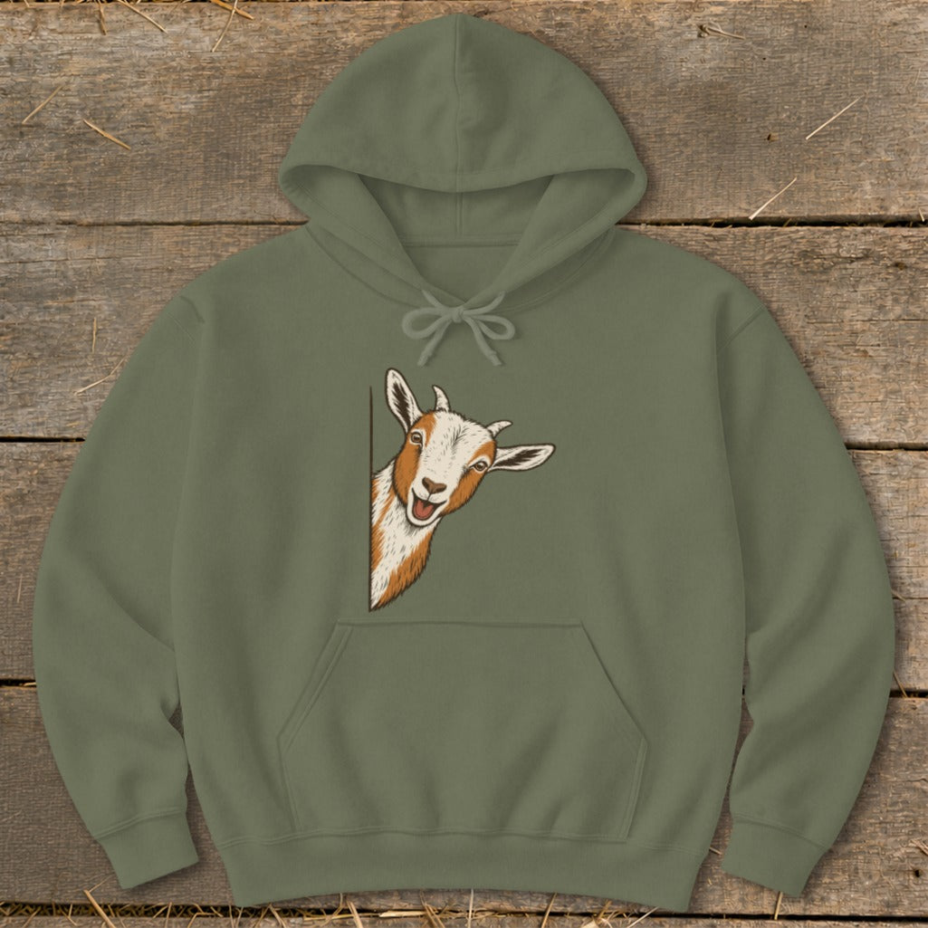 Khaki hoodie with a peeking goat graphic on the front.