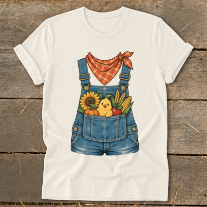 Denim overalls with a bandana, chick, sunflower, pumpkin, apple, and corn illustration.