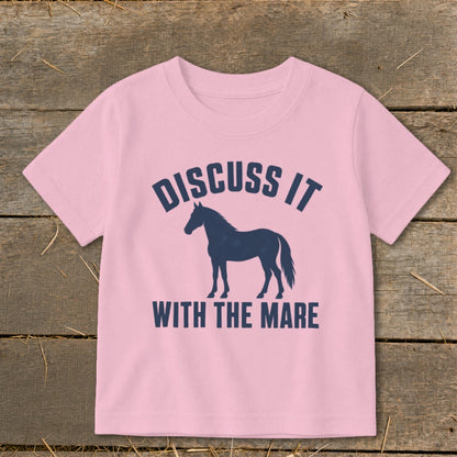 Pink t-shirt with "DISCUSS IT WITH THE MARE" text and horse silhouette.