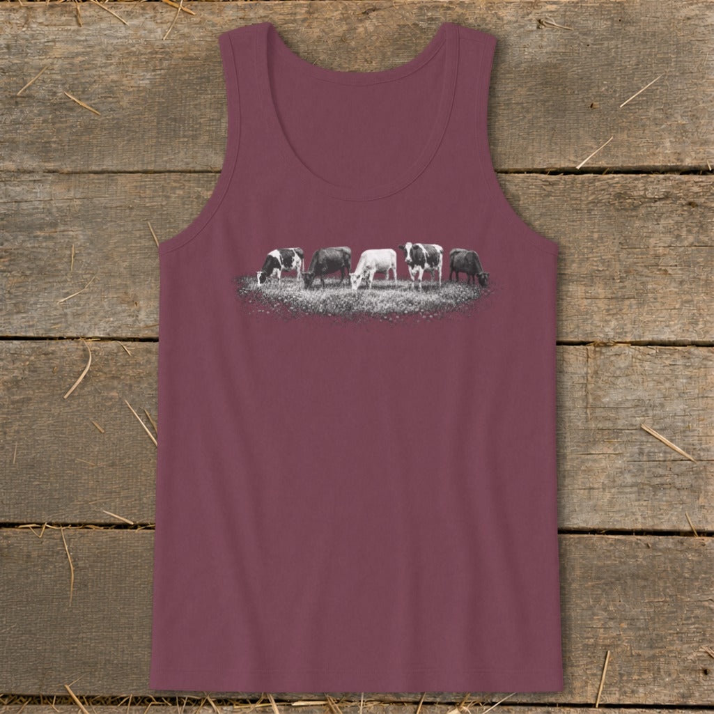 Maroon tank top with graphic of cows grazing in a field.