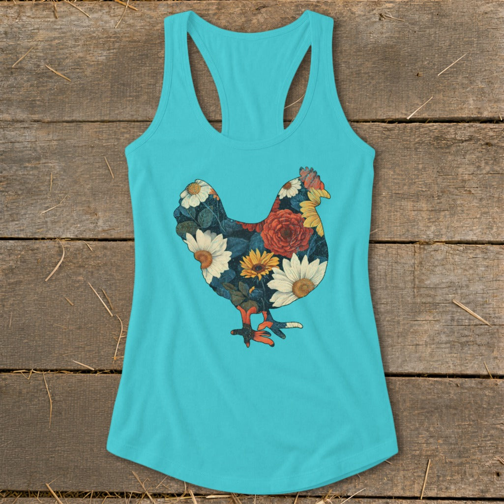 Turquoise tank top with a floral chicken design on the front.