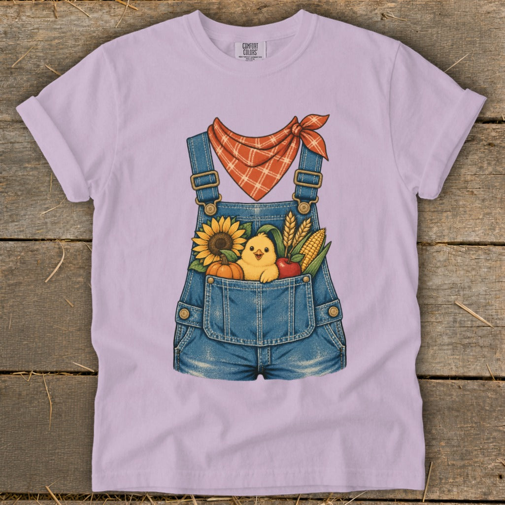 T-shirt with cartoon denim overalls filled with autumn harvest and a chick.