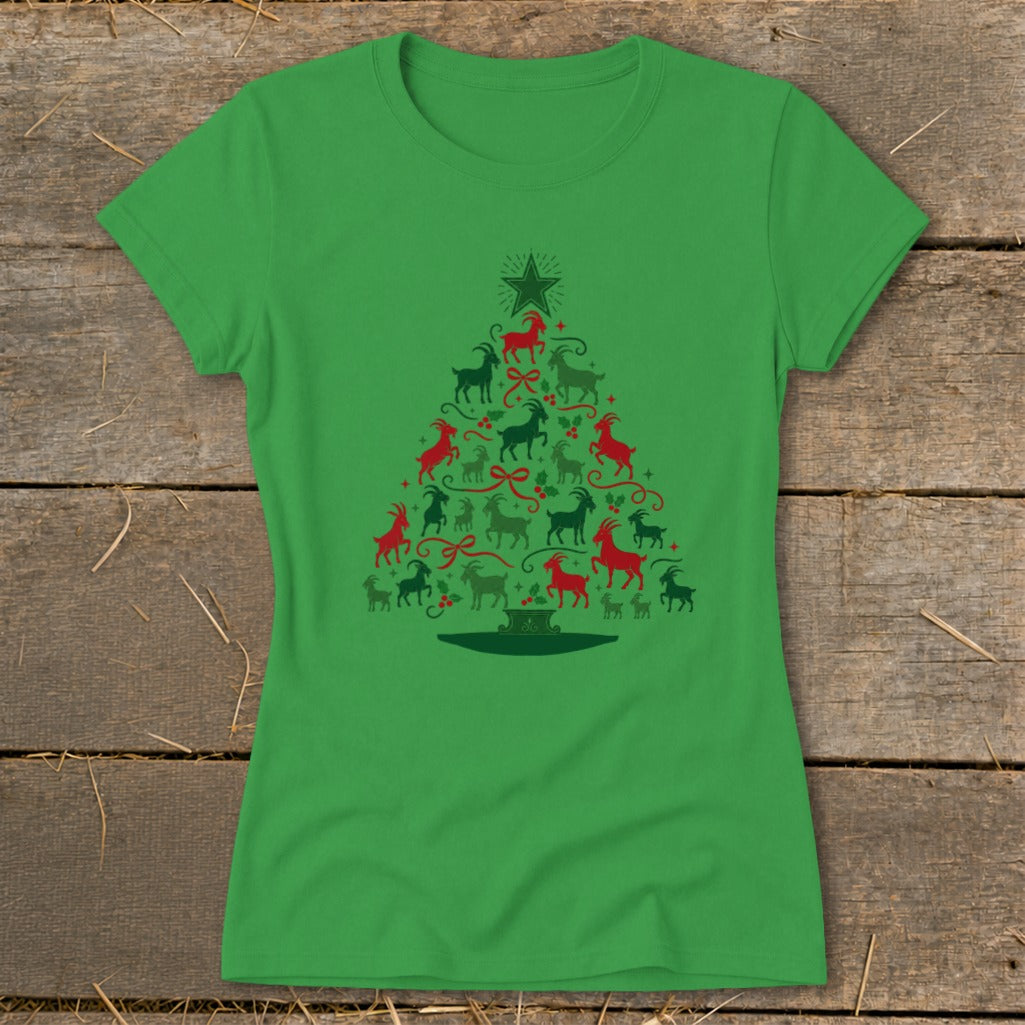 Green t-shirt with Christmas tree design made of red and green goats and bows.