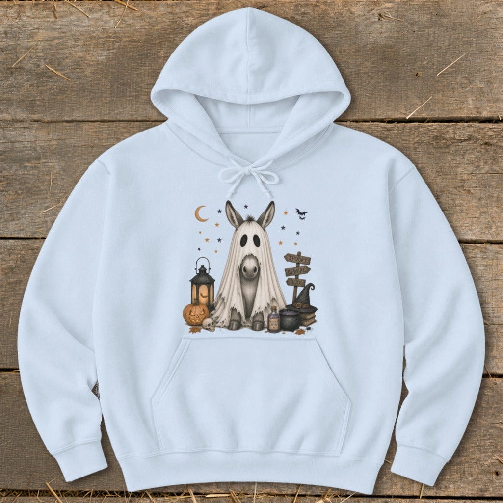 Light blue hoodie with a Halloween ghost donkey graphic, featuring a pumpkin and lantern.