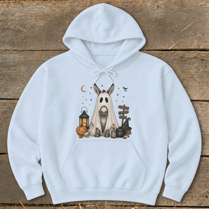 Light blue hoodie with a Halloween ghost donkey graphic, featuring a pumpkin and lantern.