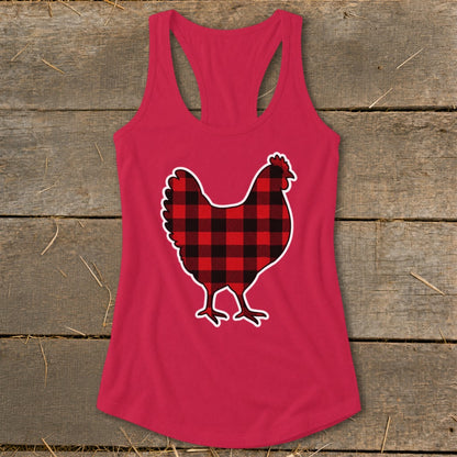Pink tank top with a red and black buffalo plaid chicken graphic.