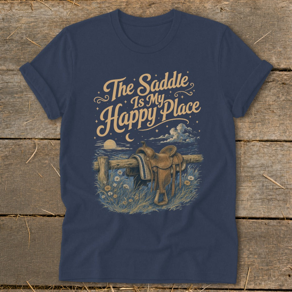 Navy t-shirt with vintage saddle, fence, moon, and text "The Saddle Is My Happy Place."