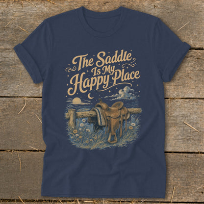 Navy t-shirt with vintage saddle, fence, moon, and text "The Saddle Is My Happy Place."