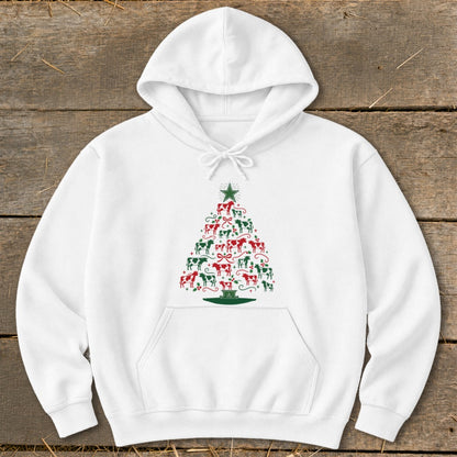 White hoodie with Christmas tree made of red and green cows.